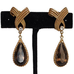 Vintage Elegance: Gold Rope Design Clip-On Earrings with Smokey Topaz Gemstones